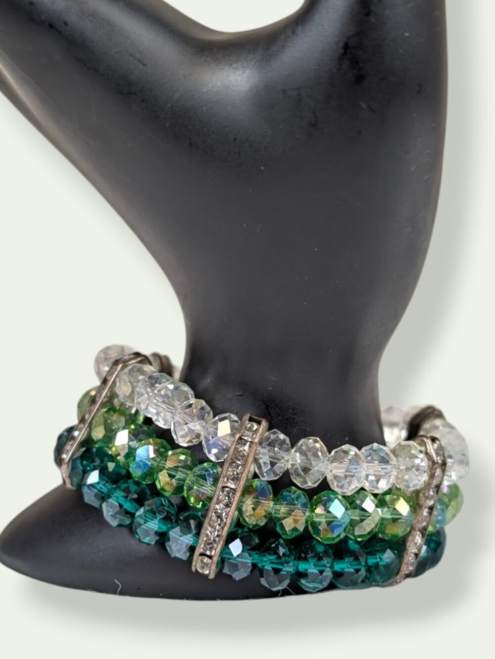 3-Row Green & White Faceted Crystal Stretch Bracelet